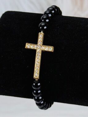 Dainty goldtone, cross, bling, black small beaded costume stretch bracelet